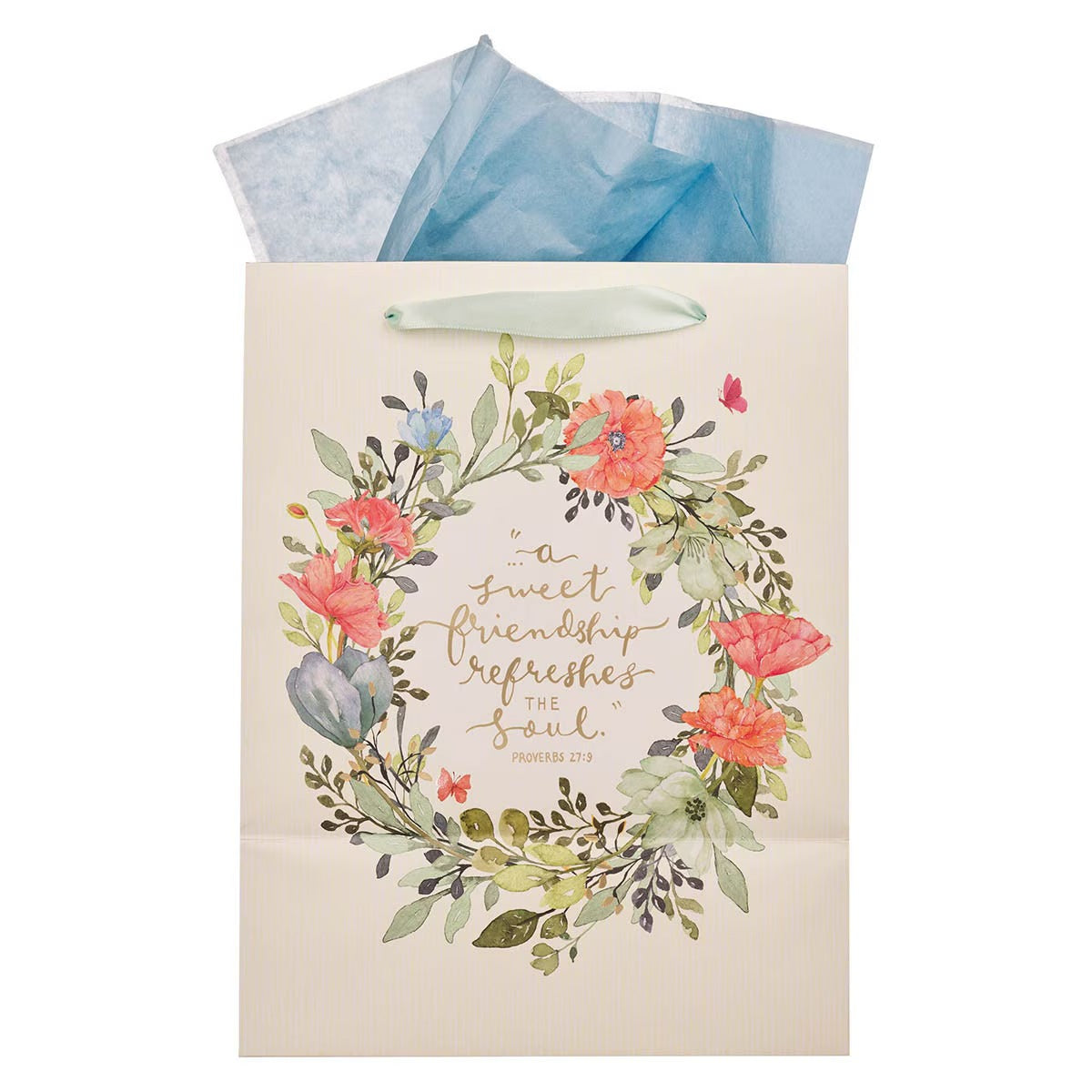 Sweet Friendship Bright Floral Wreath Large Portrait Gift Bag - Proverbs 27:9 - The Christian Gift Company