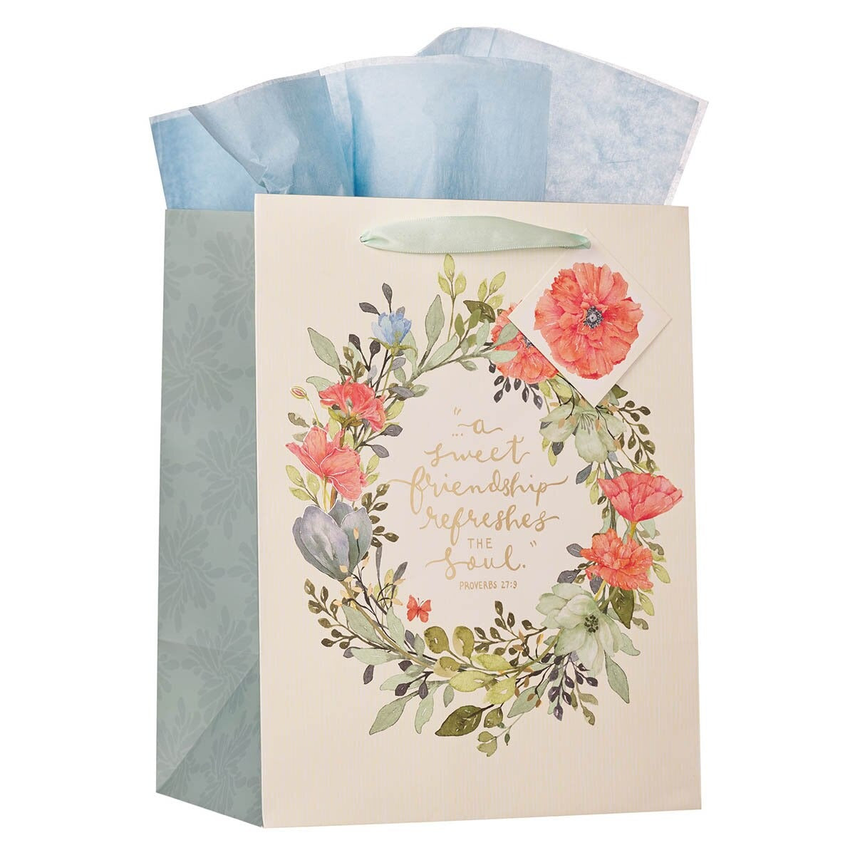 Sweet Friendship Bright Floral Wreath Large Portrait Gift Bag - Proverbs 27:9 - The Christian Gift Company