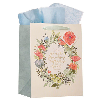 Sweet Friendship Bright Floral Wreath Large Portrait Gift Bag - Proverbs 27:9 - The Christian Gift Company