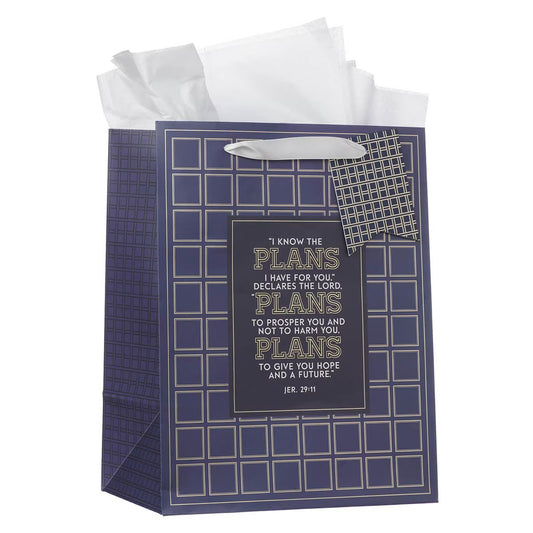 The Plans Modern Blue Grid Large Portrait Gift Bag - Jeremiah 29:11 - The Christian Gift Company
