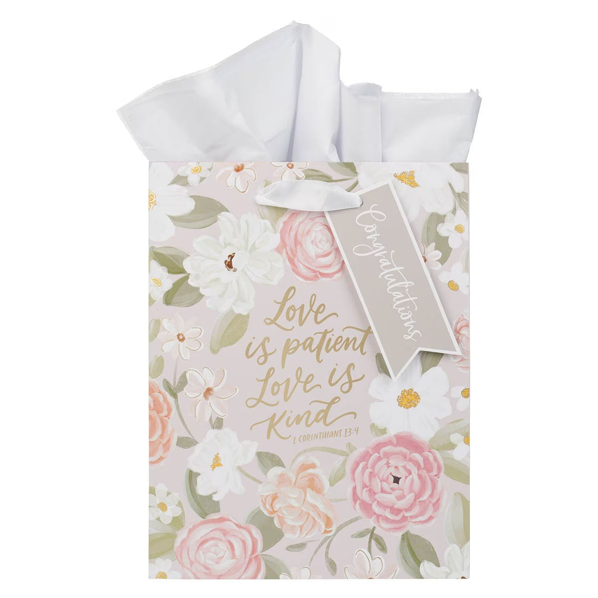 Love is Patient Pink Floral Medium Gift Bag – 1 Corinthians 13:4 - The Christian Gift Company