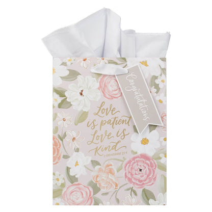 Love is Patient Pink Floral Medium Gift Bag – 1 Corinthians 13:4 - The Christian Gift Company