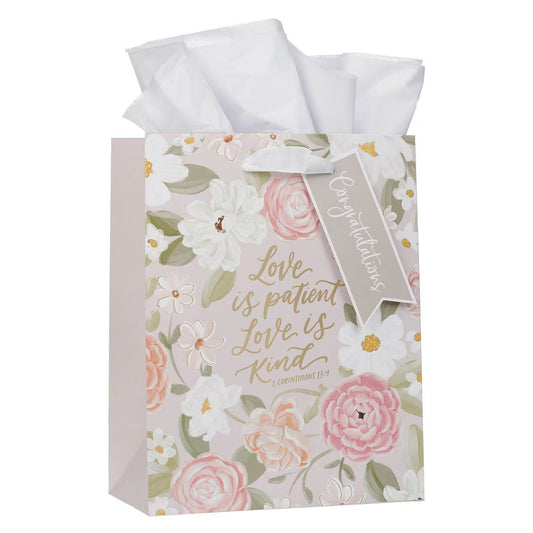 Love is Patient Pink Floral Medium Gift Bag – 1 Corinthians 13:4 - The Christian Gift Company