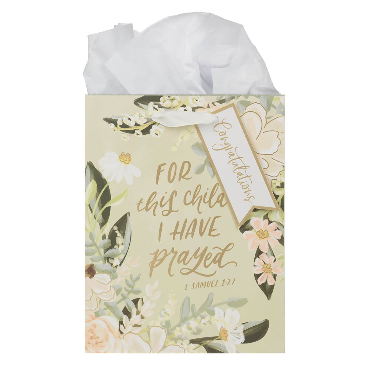 For This Child I Have Prayed Tan Floral Medium Gift Bag - 1 Samuel 1:27 - The Christian Gift Company