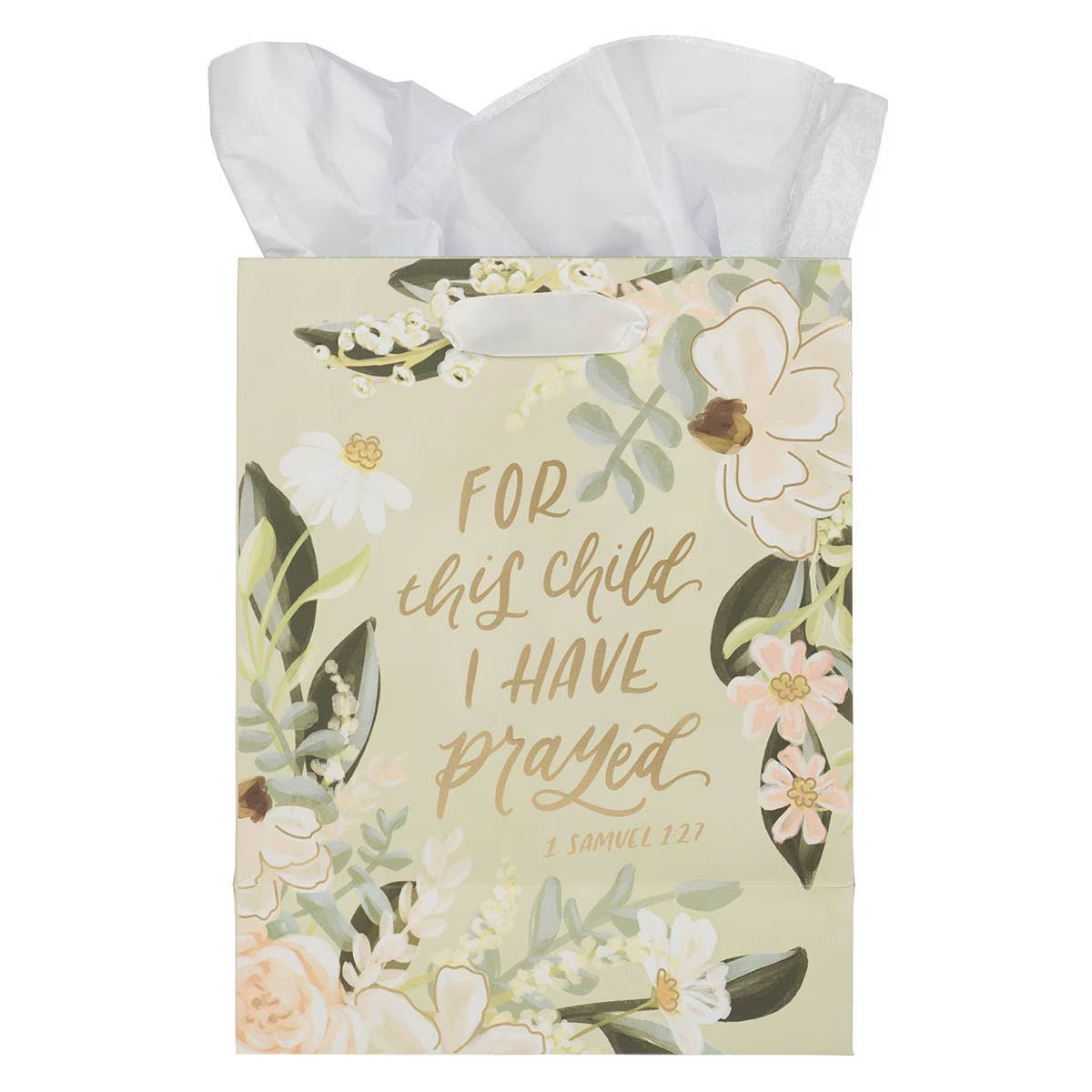 For This Child I Have Prayed Tan Floral Medium Gift Bag - 1 Samuel 1:27 - The Christian Gift Company