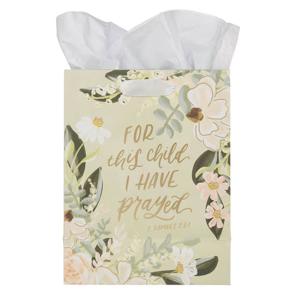 For This Child I Have Prayed Tan Floral Medium Gift Bag - 1 Samuel 1:27 - The Christian Gift Company