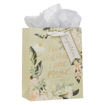 For This Child I Have Prayed Tan Floral Medium Gift Bag - 1 Samuel 1:27 - The Christian Gift Company