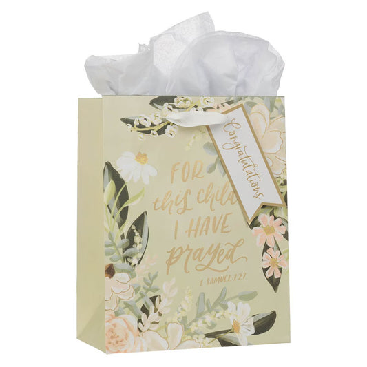 For This Child I Have Prayed Tan Floral Medium Gift Bag - 1 Samuel 1:27 - The Christian Gift Company