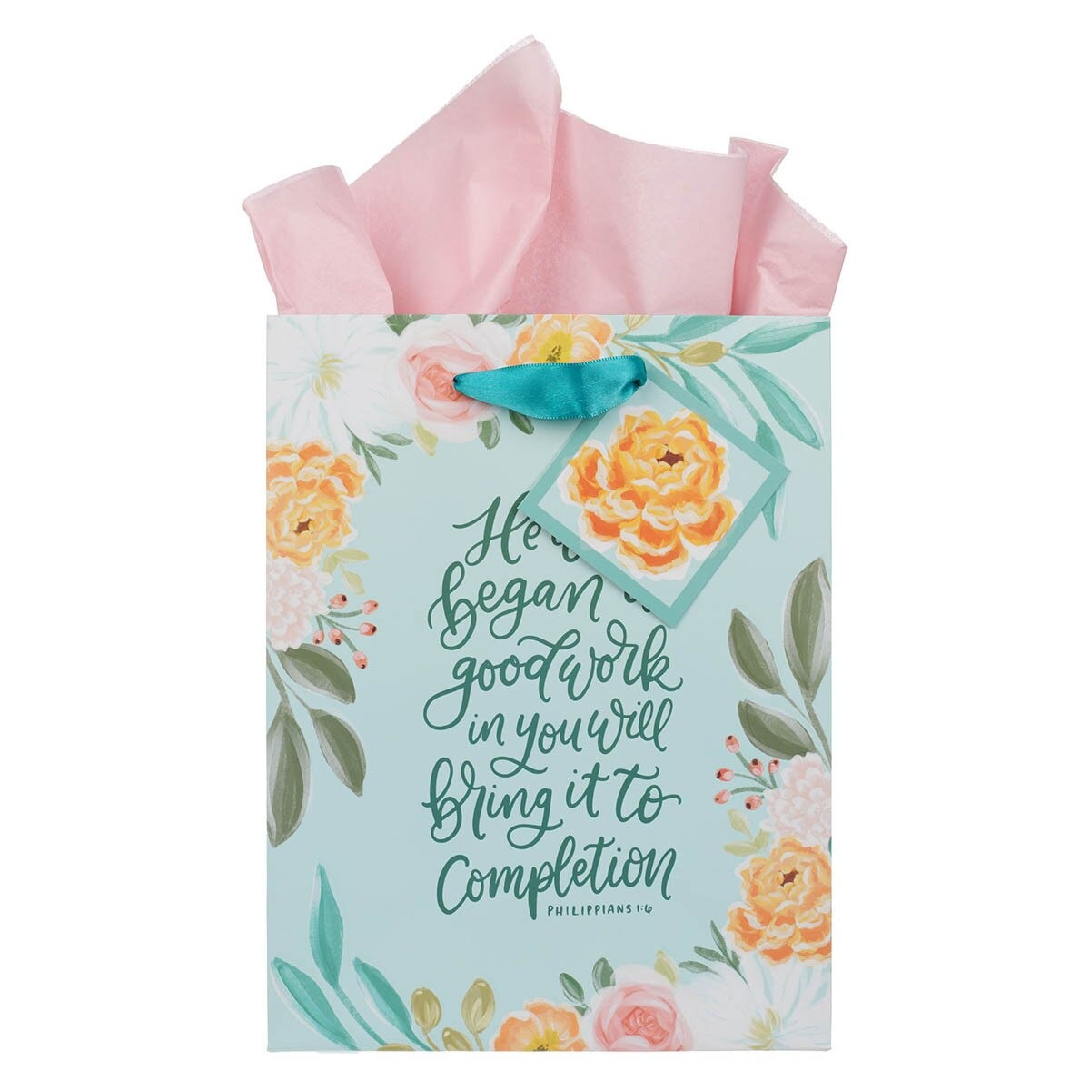 He Who Began a Good Work Turquoise Floral Medium Gift Bag - Philippians 1:6 - The Christian Gift Company