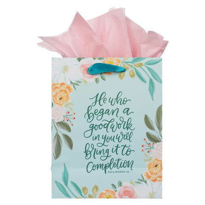 He Who Began a Good Work Turquoise Floral Medium Gift Bag - Philippians 1:6 - The Christian Gift Company