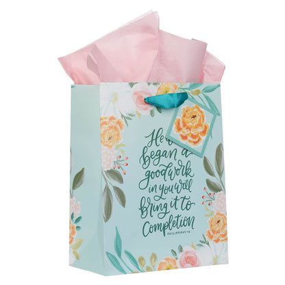 He Who Began a Good Work Turquoise Floral Medium Gift Bag - Philippians 1:6 - The Christian Gift Company
