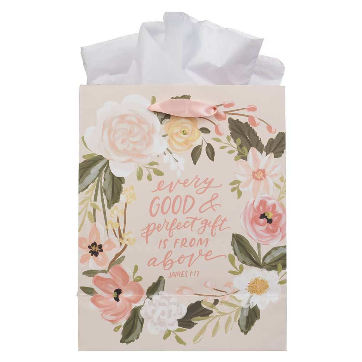 Every Good Gift Peach Floral Medium Gift Bag - James 1:17 - The Christian Gift Company