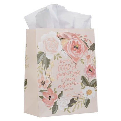 Every Good Gift Peach Floral Medium Gift Bag - James 1:17 - The Christian Gift Company