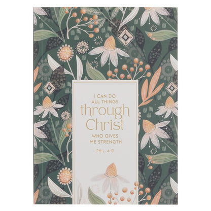 Through Christ Green Floral Medium Notebook - Philippians 4:13 - The Christian Gift Company
