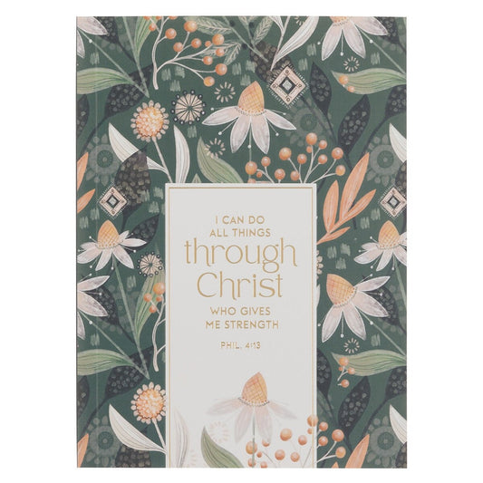 Through Christ Green Floral Medium Notebook - Philippians 4:13 - The Christian Gift Company