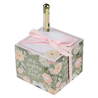 He Restores My Soul Green Floral Note Block and Pen Set - Psalm 23:3 - The Christian Gift Company