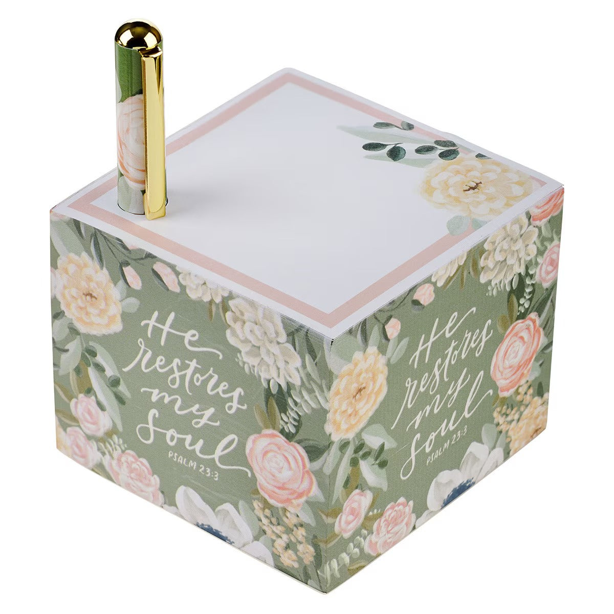 He Restores My Soul Green Floral Note Block and Pen Set - Psalm 23:3 - The Christian Gift Company