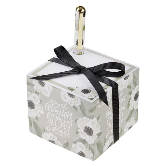 Joy and Peace Monochromatic Floral Note Block with Pen Set - Romans 15:13