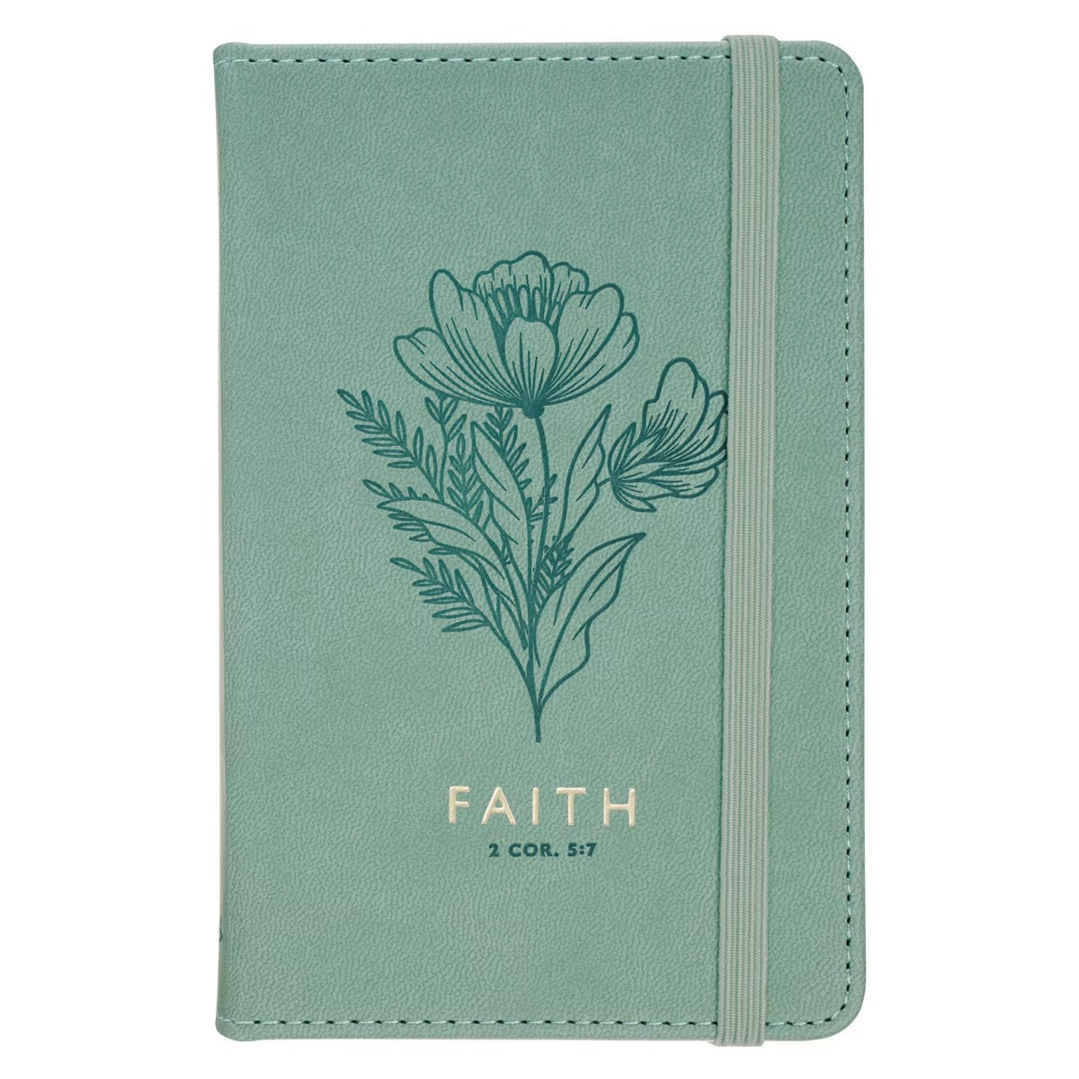 Faith Teal Floral Faux Leather Hardcover Notebook with Elastic Band Closure - 2 Corinthians 5:7 - The Christian Gift Company