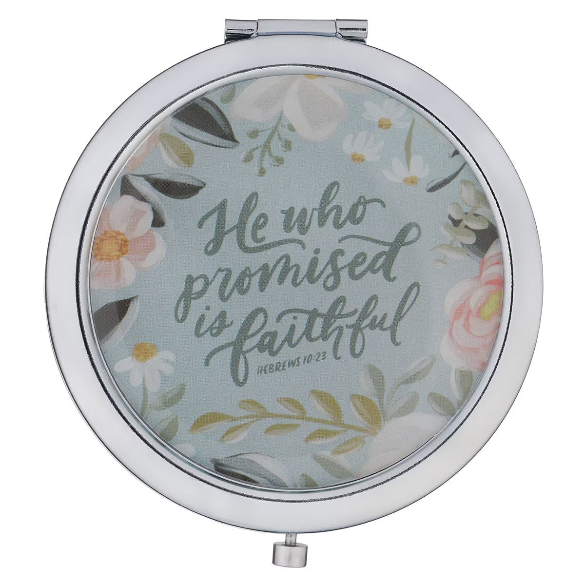 He Who Promised Silver Metal Compact Mirror - Hebrews 10:23 - The Christian Gift Company