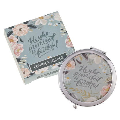 He Who Promised Silver Metal Compact Mirror - Hebrews 10:23 - The Christian Gift Company
