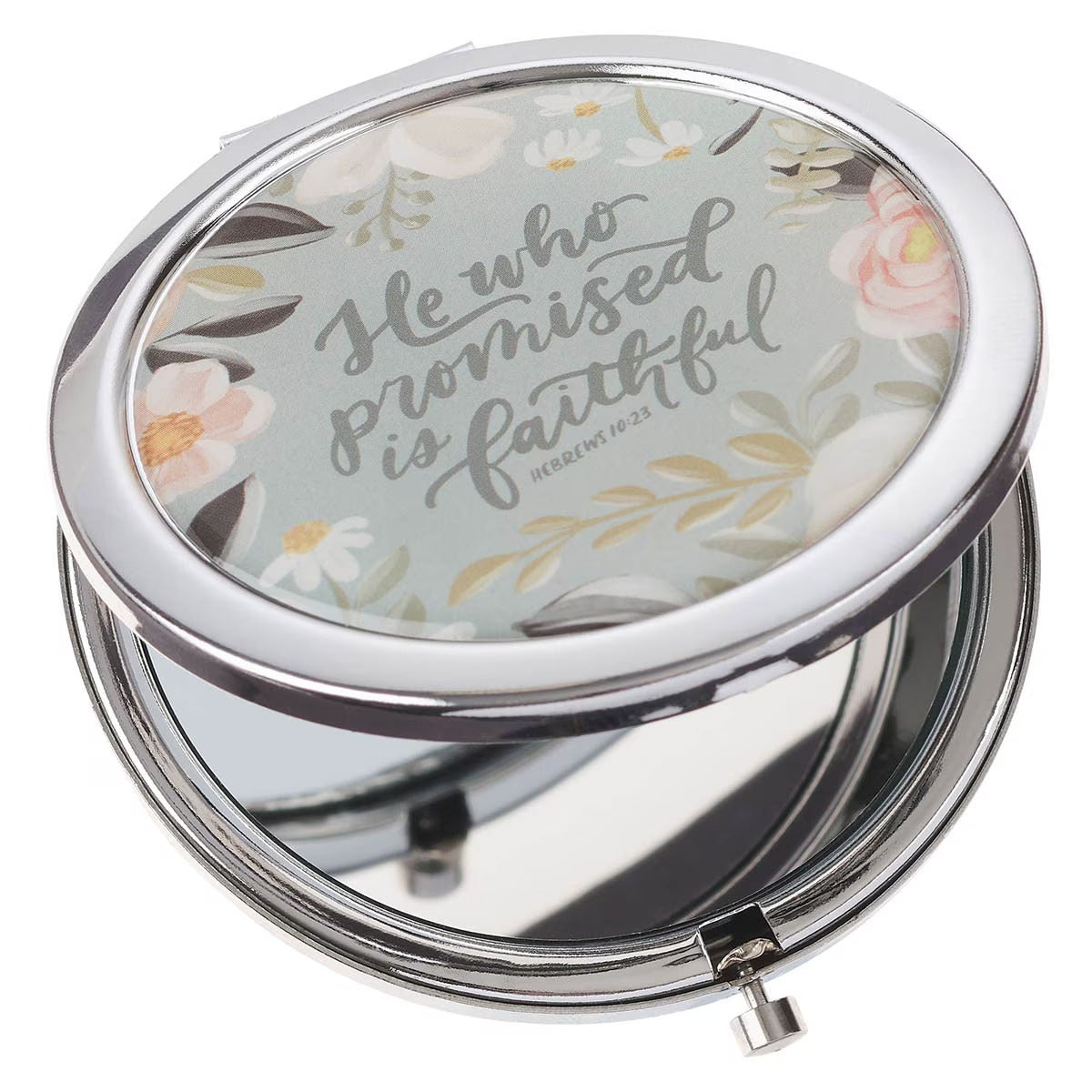 He Who Promised Silver Metal Compact Mirror - Hebrews 10:23 - The Christian Gift Company