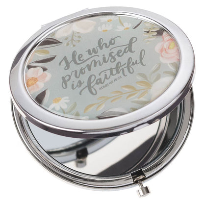 He Who Promised Silver Metal Compact Mirror - Hebrews 10:23 - The Christian Gift Company