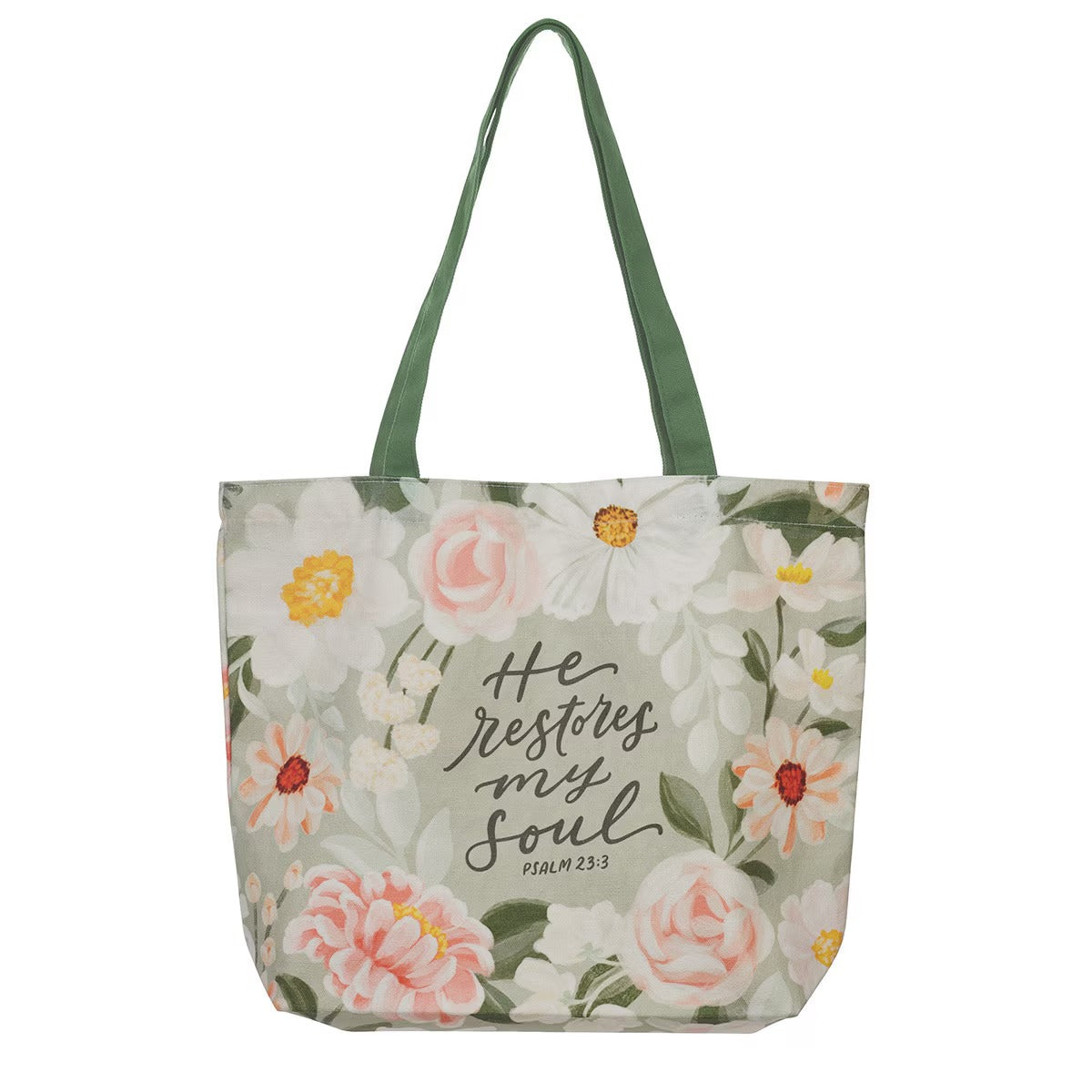 He Restores My Soul Green Floral Garden Tote Bag - Psalm 23:3 - The Christian Gift Company