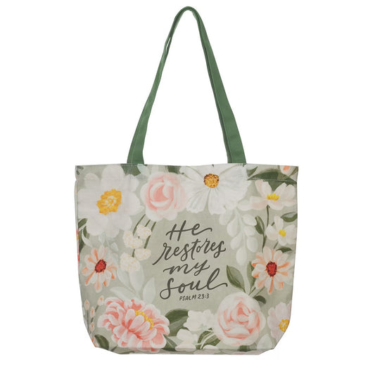 He Restores My Soul Green Floral Garden Tote Bag - Psalm 23:3 - The Christian Gift Company