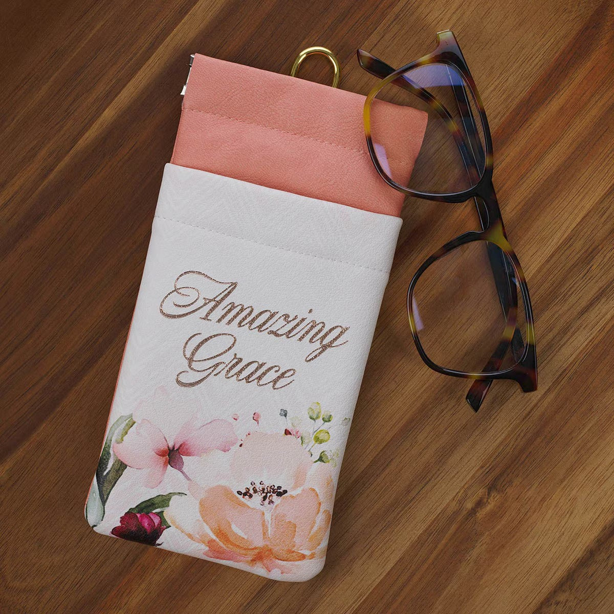 Amazing Grace Cream and Coral Floral Faux Leather Double Glasses Case