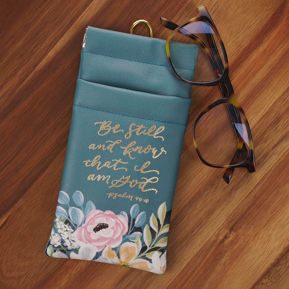 Be Still Teal Floral Faux Leather Double Eyeglass Case - Psalm 46:10