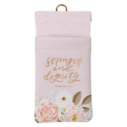 Strength and Dignity Pink Floral Faux Leather Double Eyeglass Case - Proverbs 31:25