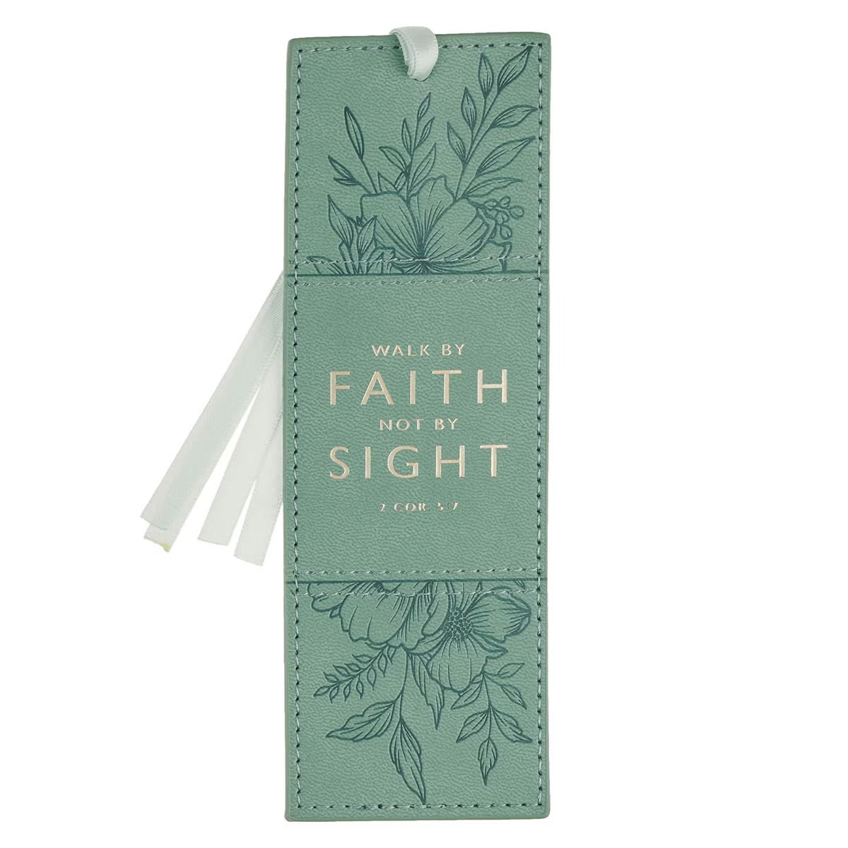 Faith Teal Floral Faux Leather Bookmark - 2 Corinthians 5:7 - The Christian Gift Company