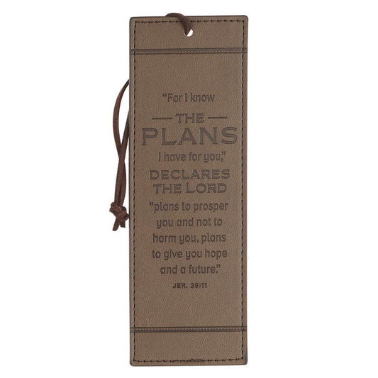The Plans Cocoa Brown and Taupe Faux Leather Bookmark - Jeremiah 29:11 - The Christian Gift Company