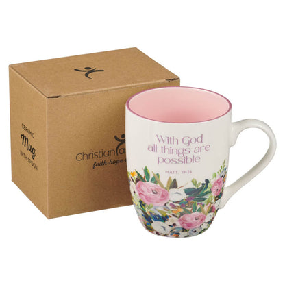 With God Things Are Possible Pink Floral Ceramic Coffee Mug - Matthew 19:26
