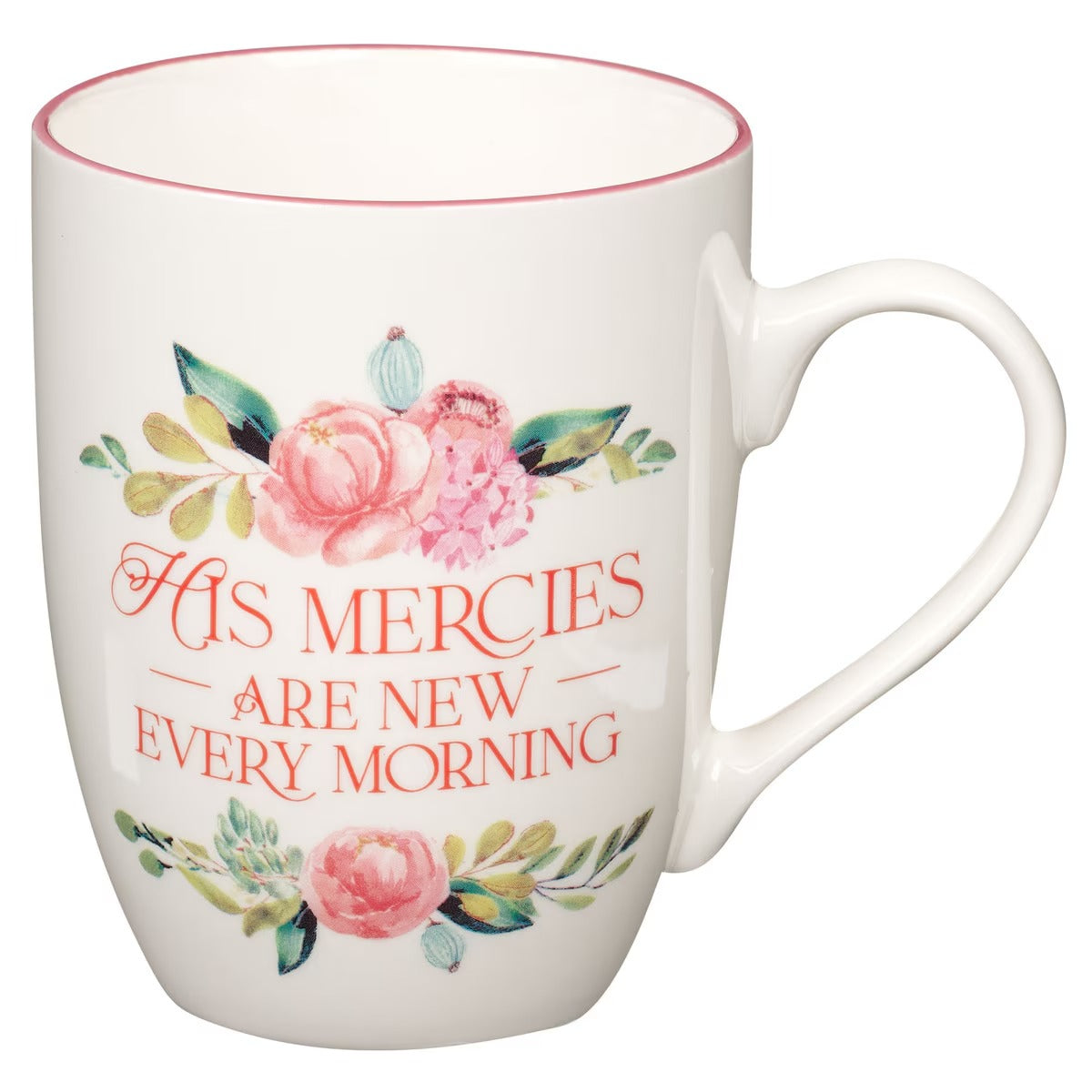 His Mercies are New Pink Peonies Ceramic Coffee Mug - Lamentations 3:22-23 - The Christian Gift Company