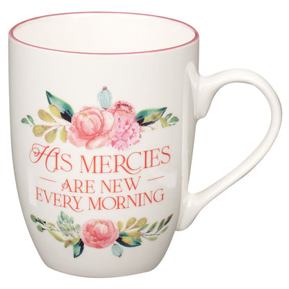 His Mercies are New Pink Peonies Ceramic Coffee Mug - Lamentations 3:22-23 - The Christian Gift Company
