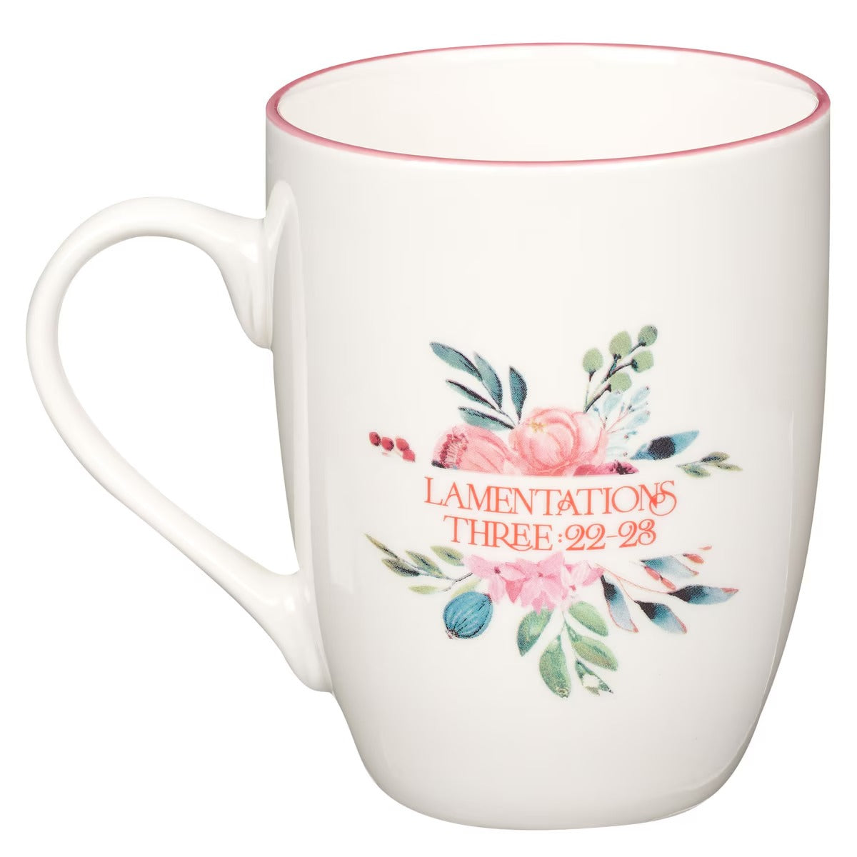 His Mercies are New Pink Peonies Ceramic Coffee Mug - Lamentations 3:22-23 - The Christian Gift Company