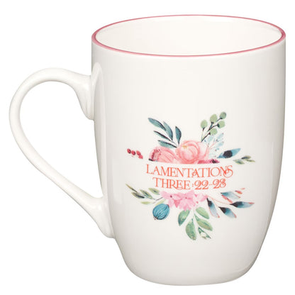 His Mercies are New Pink Peonies Ceramic Coffee Mug - Lamentations 3:22-23 - The Christian Gift Company