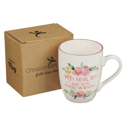 His Mercies are New Pink Peonies Ceramic Coffee Mug - Lamentations 3:22-23 - The Christian Gift Company