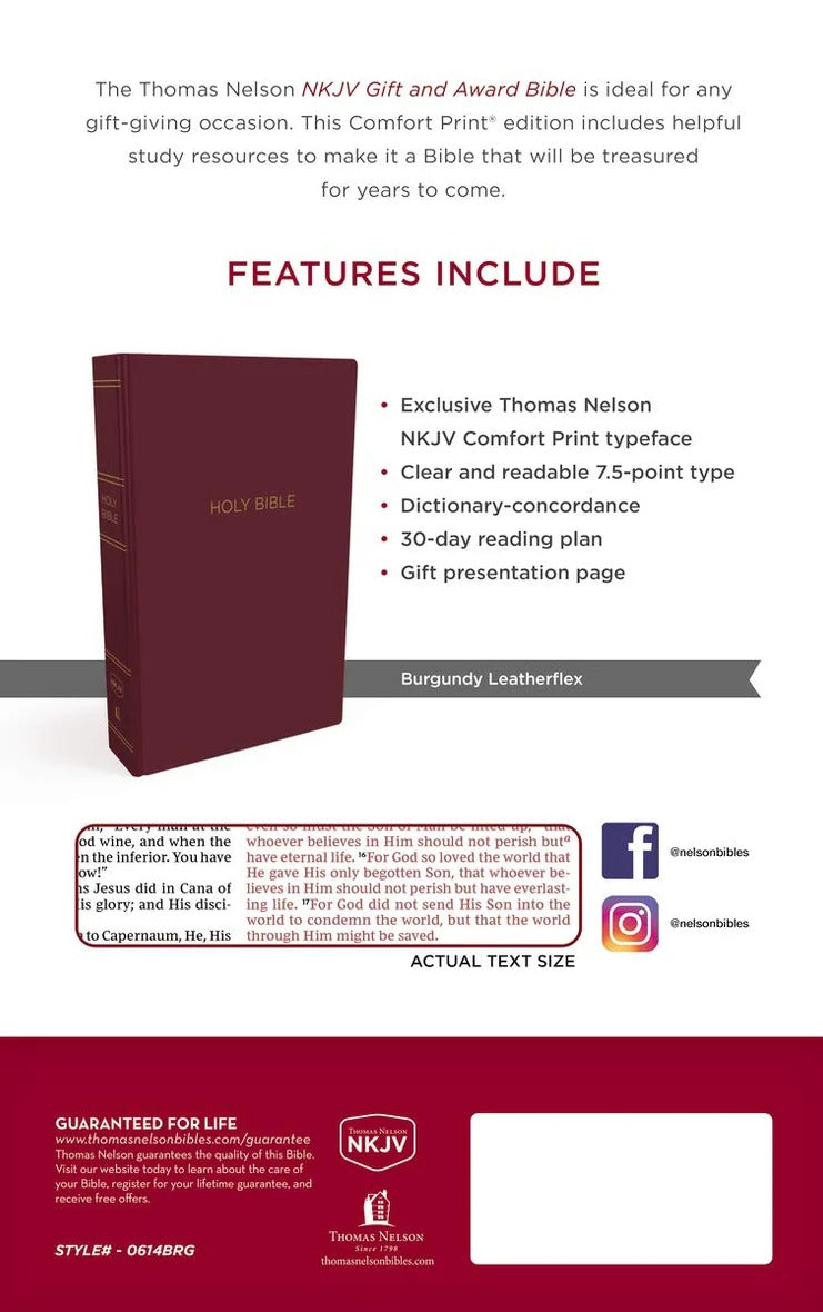NKJV, Gift and Award Bible, Red Letter Edition, Comfort Print (Burgundy) - The Christian Gift Company