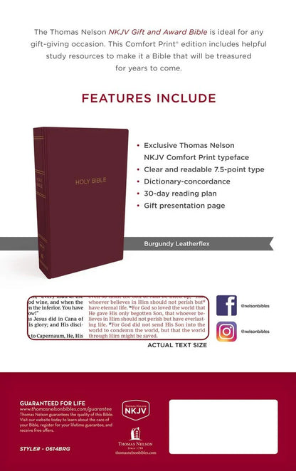 NKJV, Gift and Award Bible, Red Letter Edition, Comfort Print (Burgundy) - The Christian Gift Company