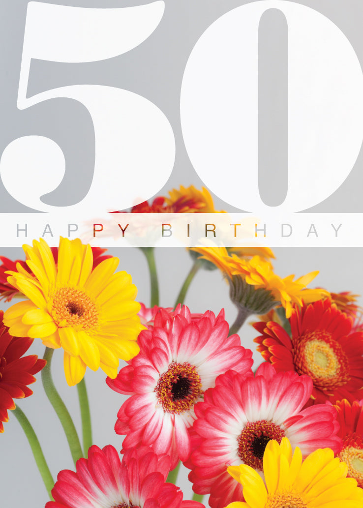 Age 50 Card - Colourful Gerberas - The Christian Gift Company