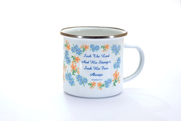 Metal Mug - Orange & Blue Flowers: 1 Chronicles 16:11 - The Christian Gift Company