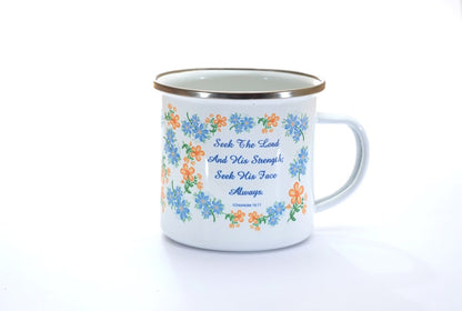 Metal Mug - Orange & Blue Flowers: 1 Chronicles 16:11 - The Christian Gift Company