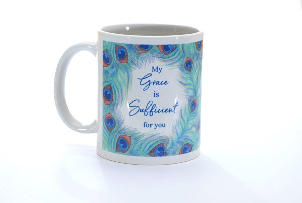 Ceramic Mug - Peacock Feathers: My grace is sufficient - The Christian Gift Company