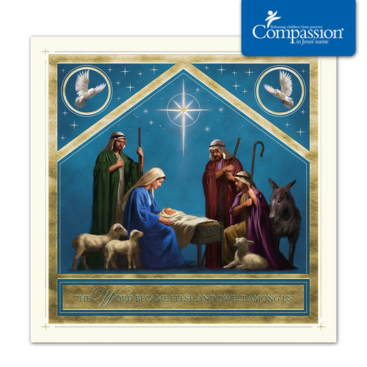 Compassion Christmas Card: Gold Stable (pack of 10) - The Christian Gift Company