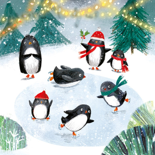 Marie Curie/BHF Christmas Card: Skating Penguins (pack of 4) - The Christian Gift Company