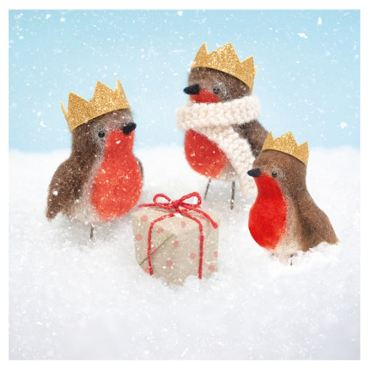 Marie Curie/BHF Christmas Card: Three Cute Robins (pack of 4) - The Christian Gift Company