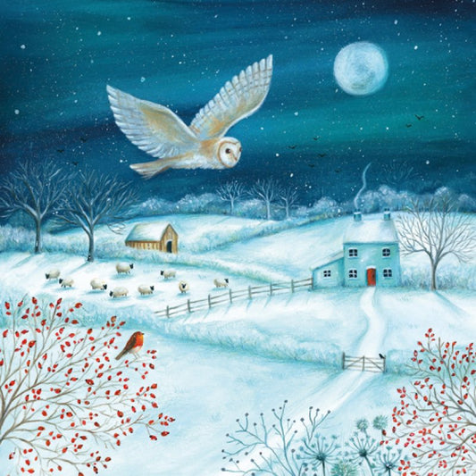 Marie Curie/BHF Christmas Card: Owl in Snowy Landscape (pack of 4) - The Christian Gift Company